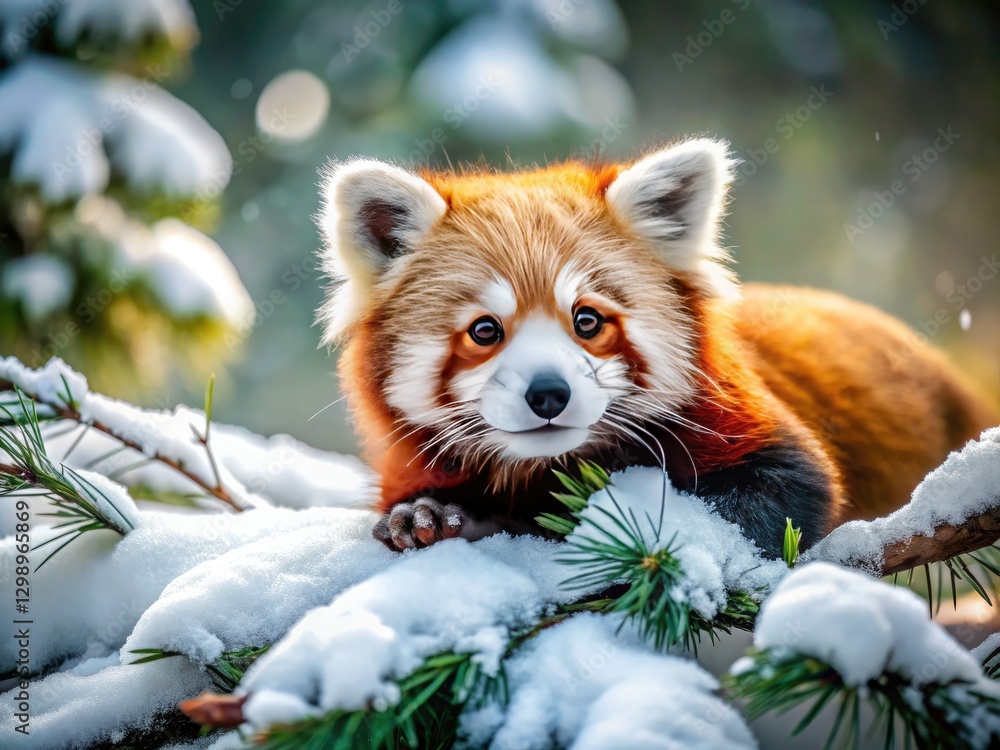 Obraz premium Red Panda Winter Wonderland: Adorable Tilt-Shift Snow Branch Photo