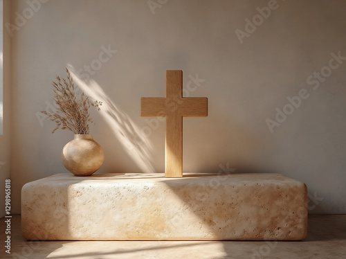 3d rendering of a wooden cross painting on the wall in front of two decora