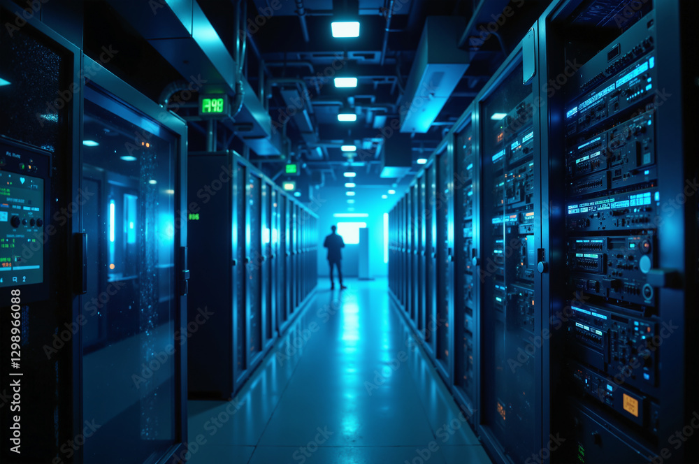 Fototapeta premium A sleek data center with rows of illuminated server racks and flickering status lights, creating a cyber-tech atmosphere.