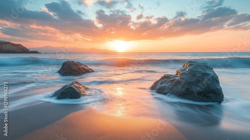 Sunset over the ocean with waves gently crashing on rocks at a serene beach