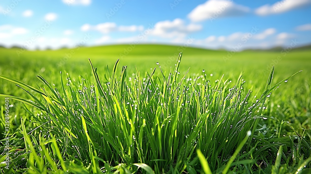 Obraz premium Fresh Dewdrops on Vibrant Green Grass Blades in a Sunny Meadow on a Clear Bright Day Landscape
