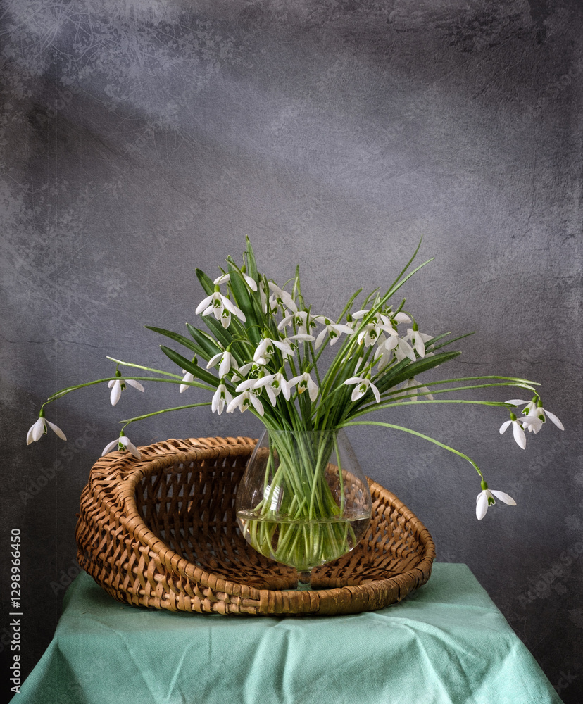 A Beautiful Arrangement of Elegant Snowdrops in a Glass Vase Surrounded by Colorful Textiles