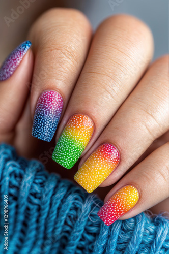 Ongles colorés avec pois noirs et blancs brillants en style pop art. photo