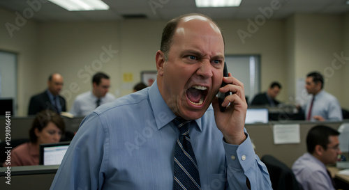 Angry and frustrated businessman yelling on company cell phone