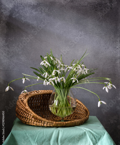 Obraz na płótnie A Beautiful Arrangement of Elegant Snowdrops in a Glass Vase Surrounded by Colorful Textiles w salonie