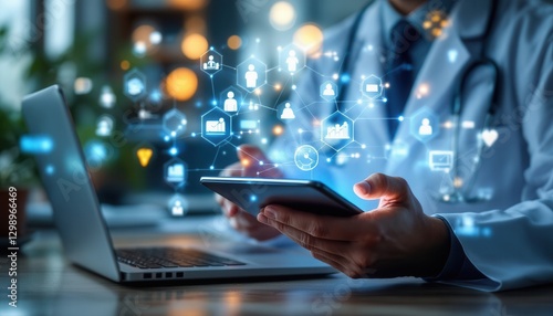 Medical professional interacting with modern technology, showcasing connectivity through a futuristic virtual display with interconnected digital health systems.