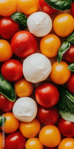 Wallpaper Mural A vibrant arrangement of fresh red and yellow tomatoes with creamy mozzarella balls and green basil leaves, showcasing a colorful, appetizing display. Torontodigital.ca