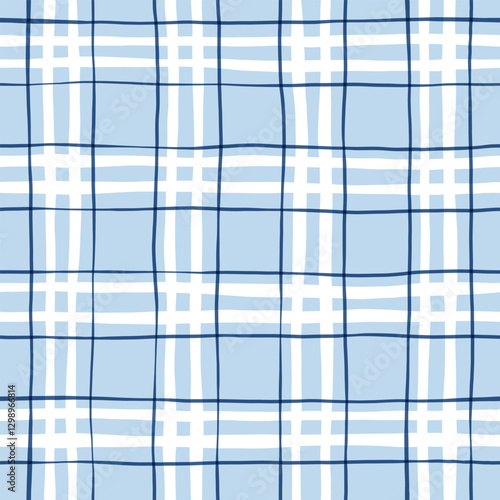 Blue Gingham seamless pattern. watercolor stripes, tartan texture for spring picnic table cloth, shirts, plaid, clothes, blankets, paper. Vector checkered hand paint wavy strokes.