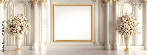 A large, gold photo frame is hanging on the wall of an elegant room with tall columns and arches
