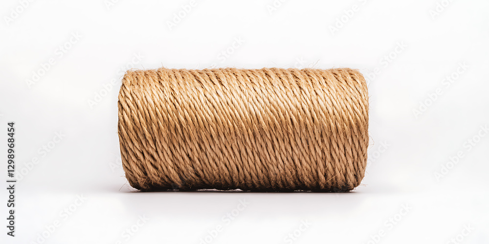 Roll of tightly wound natural fiber twine on a white backdrop. The rope is a light brown color. The texture is rough and organic. Studio shot on a seamless backdrop. Roll of tightly wound natural fiber twine on a white backdrop. The rope is a light brown color. The texture is rough and organic. Studio shot on a seamless backdrop.