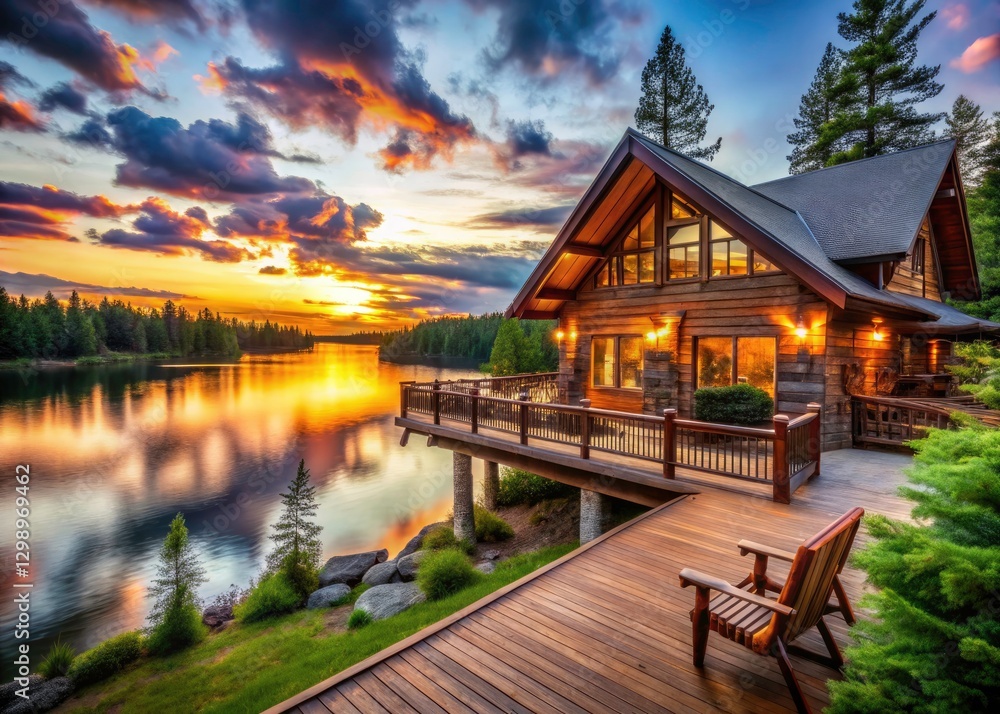 Obraz premium Rustic Log Cabin Lake Retreat: Wraparound Deck, Serene Waters, Peaceful Escape
