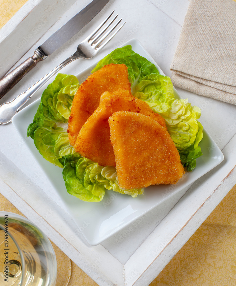 Fotografie Breaded and fried cheese on lettuce leaves..