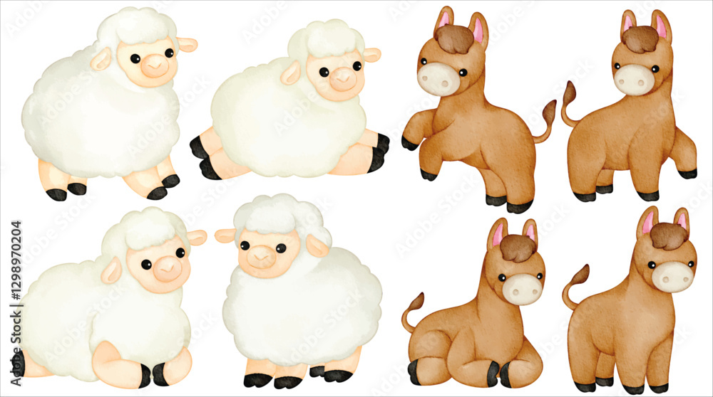 Fototapeta premium Watercolor Cute Sheep and Pony Illustration Set - Hand-Painted, Adorable, Realistic - Baby Lamb, Fluffy Sheep, Young Pony, Farm Animals, Countryside, Vector Illustration