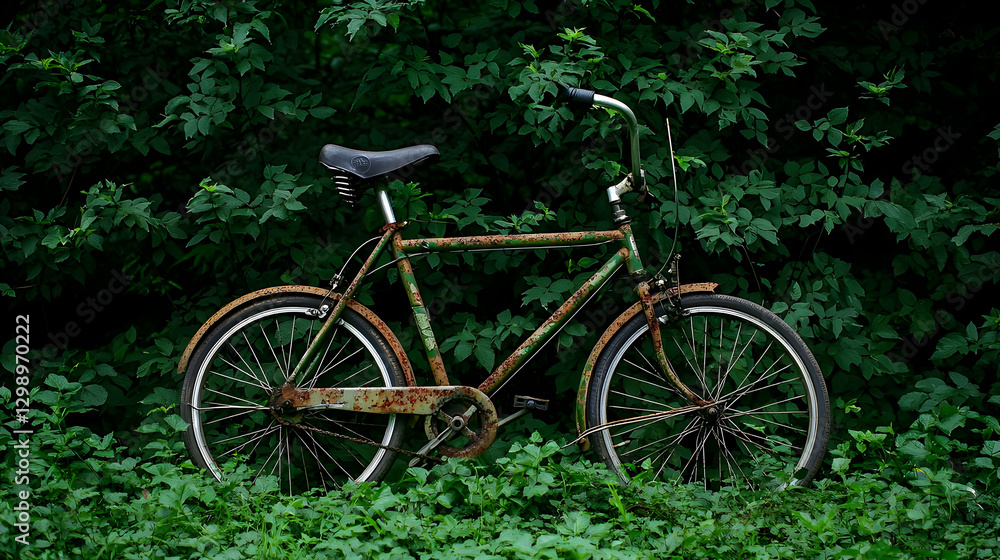 Rusty Green Bicycle Resting Amidst Lush Green Foliage in Natural Light Rusty Green Bicycle Resting Amidst Lush Green Foliage in Natural Light