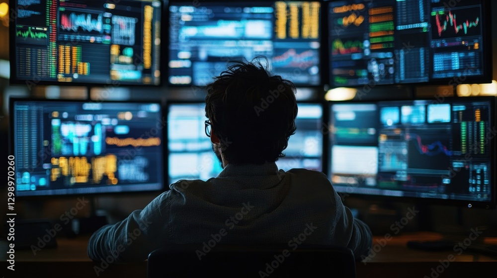 Individual analyzing multiple financial data screens in a dimly lit office, reflecting market trends Individual analyzing multiple financial data screens in a dimly lit office, reflecting market trends