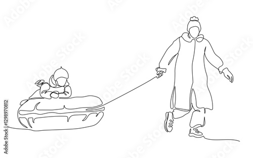 Teenager girls pulling tube with child boy. Leisure activity in snow winter season. Continuous line drawing. Black and white vector in line art style.
