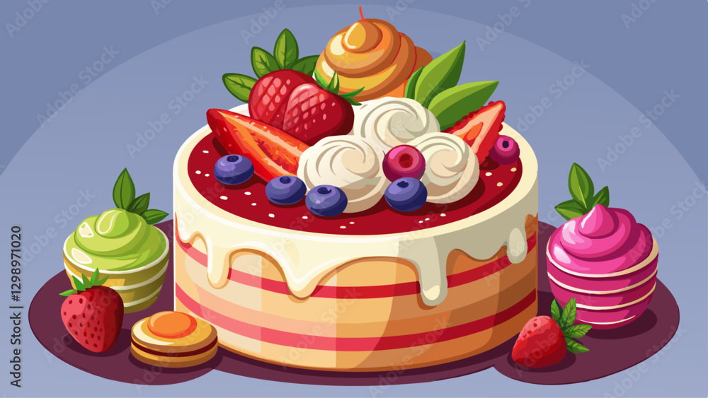 Tasty white homemade cake decorated by red berries and macaron Tasty white homemade cake decorated by red berries and macaron