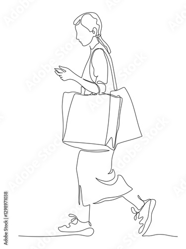 Woman in dress with shopping bags using phone and walking. Side view. Continuous line drawing. Black and white vector in line art style.