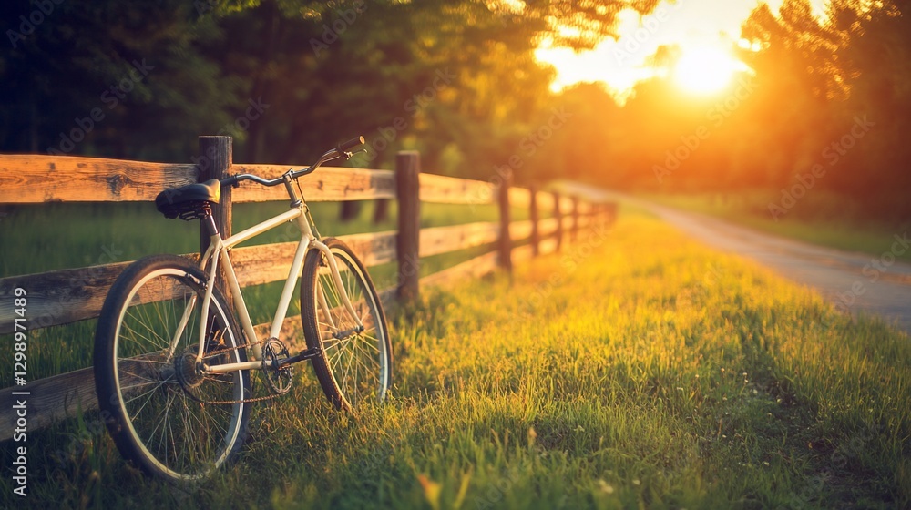 Obraz premium Sunset Bicycle Beside Countryside Fence