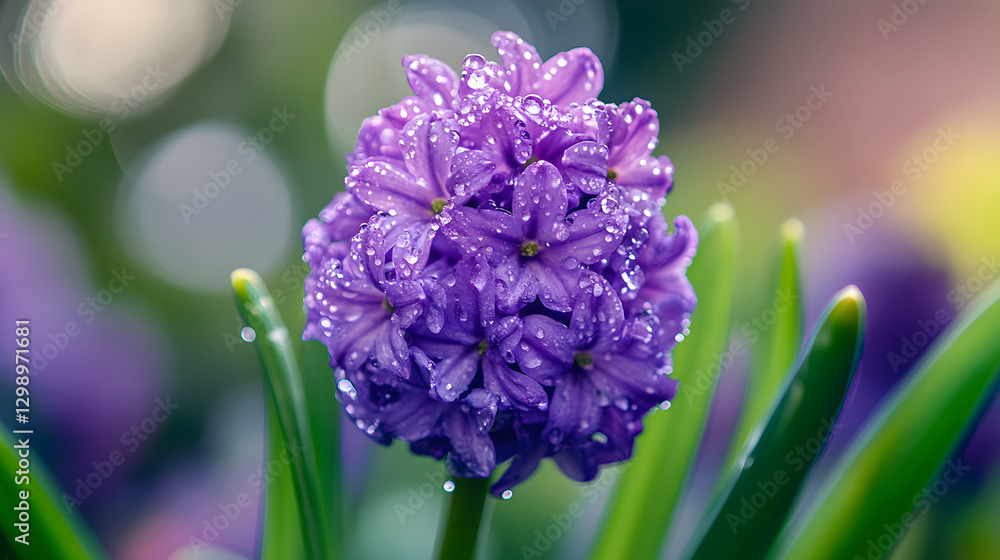 Fototapeta premium A close-up shot of a single purple hyacinth blooming with dew drops glistening on its petals.