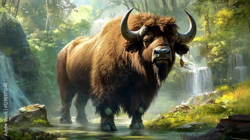 Majestic bison standing in a serene forest with cascading waterfalls during daylight