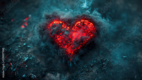 Burning Heart Shaped in Embers Amid Smoke and Ash