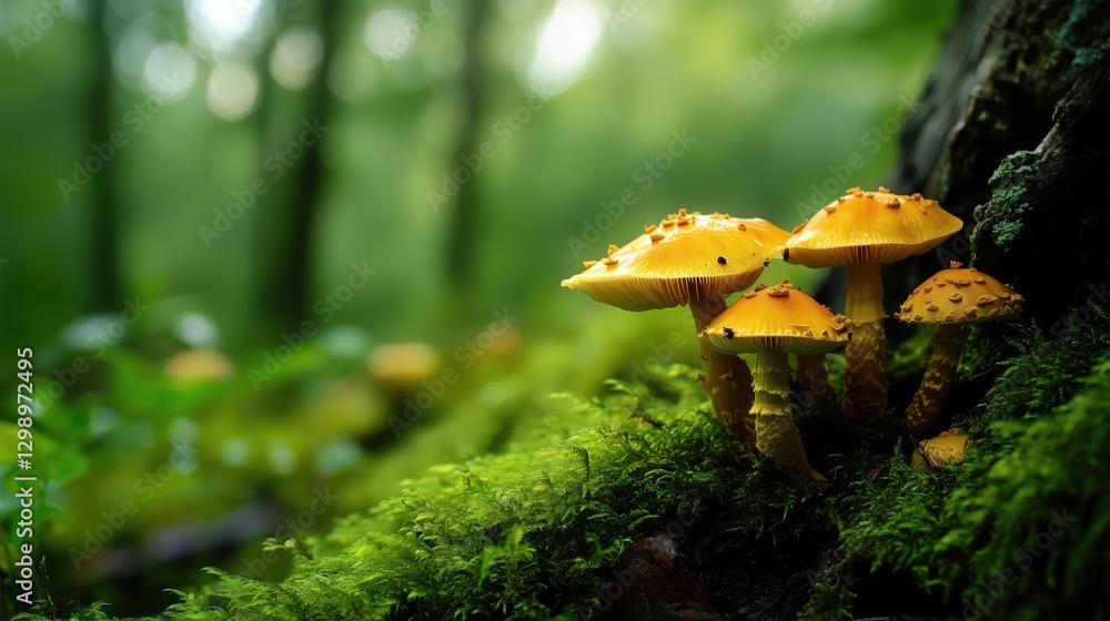 Fototapeta premium A cluster of vibrant yellow mushrooms growing on moss in a lush green forest.