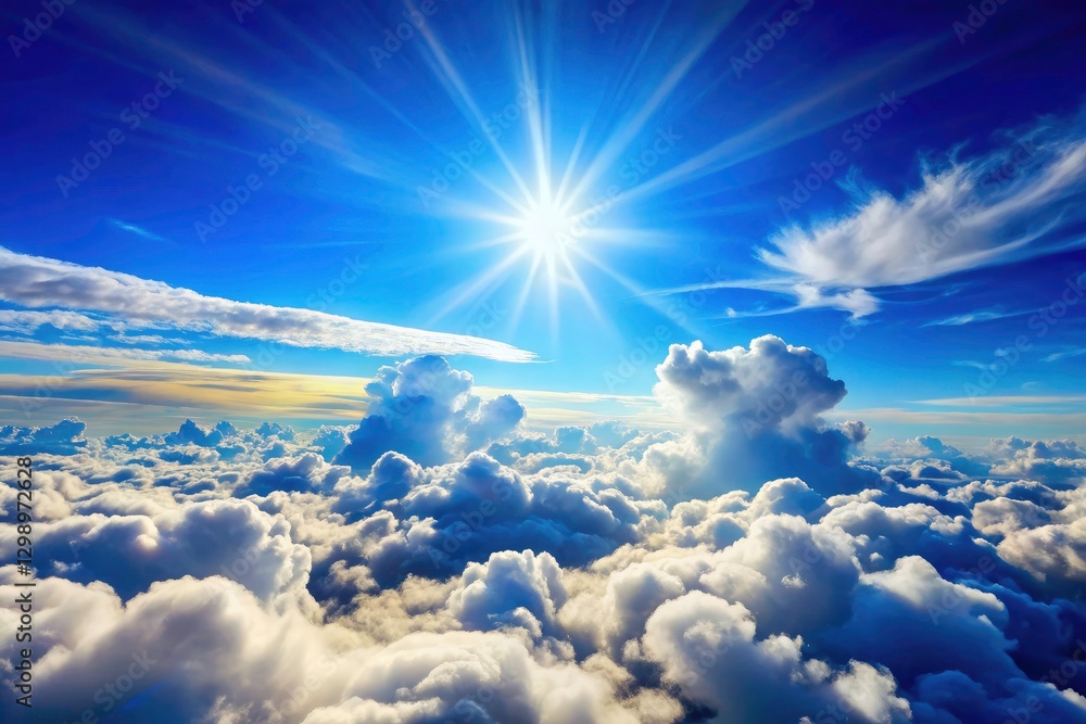 Fototapeta premium Serene Sky: Peaceful Blue Sky, Fluffy Clouds, Sunny Nature Background, Architectural Photography