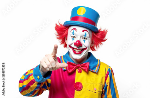 The cheerful, kind clown is laughing. White background. Fool's Day. Copy space