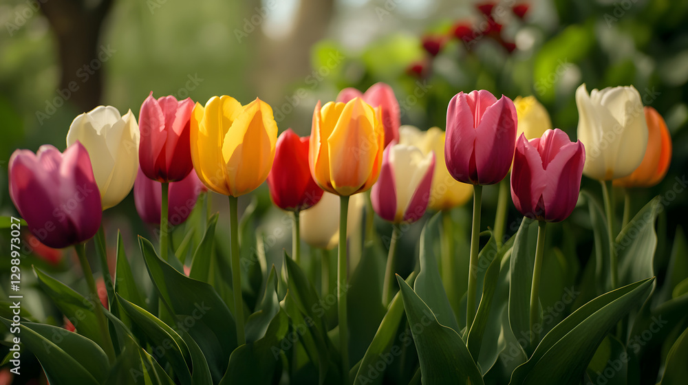 A close-up shot of tulips in various vibrant colors, creating a stunning contrast against the lush green leaves surrounding them. A close-up shot of tulips in various vibrant colors, creating a stunning contrast against the lush green leaves surrounding them.