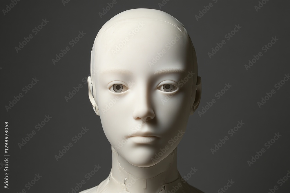 A white humanoid robot with its full face visible and eyes open, set against a gray background. A white humanoid robot with its full face visible and eyes open, set against a gray background.