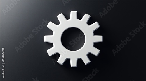 A white gear symbol isolated on a dark surface, representing mechanics and engineering.