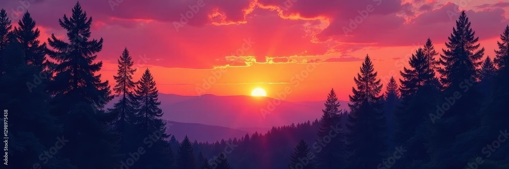 Fototapeta premium Sunrise paints the pine trees with vibrant hues, creating a dramatic scene, silhouette, natural