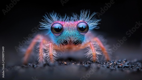 Cute colorful fuzzy jumping spider creature with large eyes sits on dark ground in a close-up macro shot.