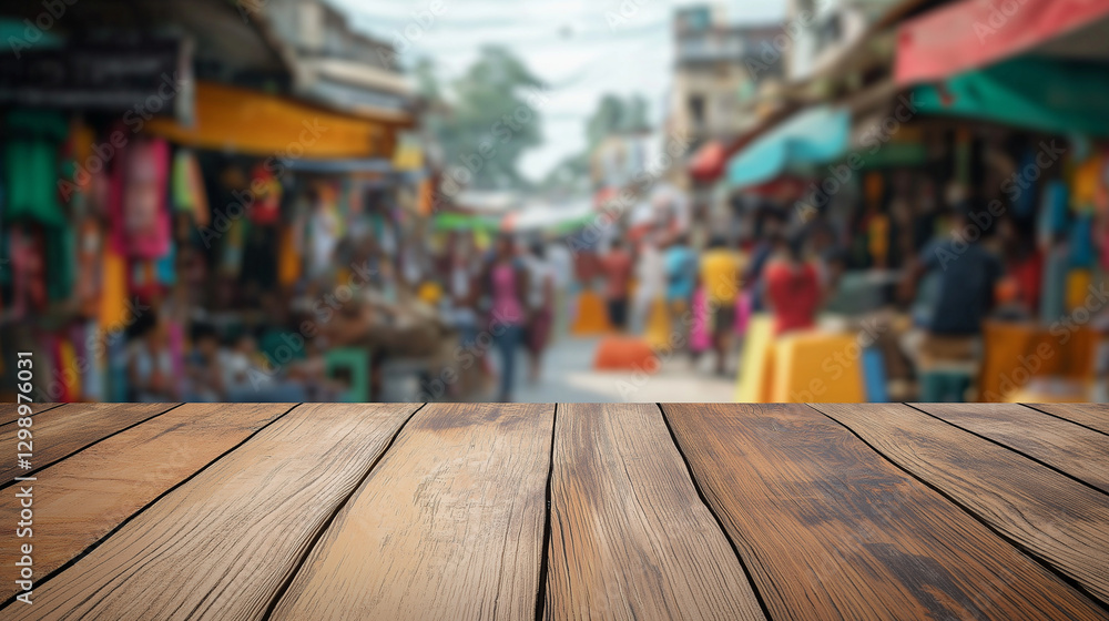 Obraz premium Wooden Tabletop with Blurred Indian Market Background