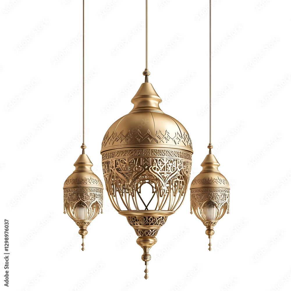 Obraz premium Ornate golden pendant lights hanging elegantly against a white background, adding a touch of luxury