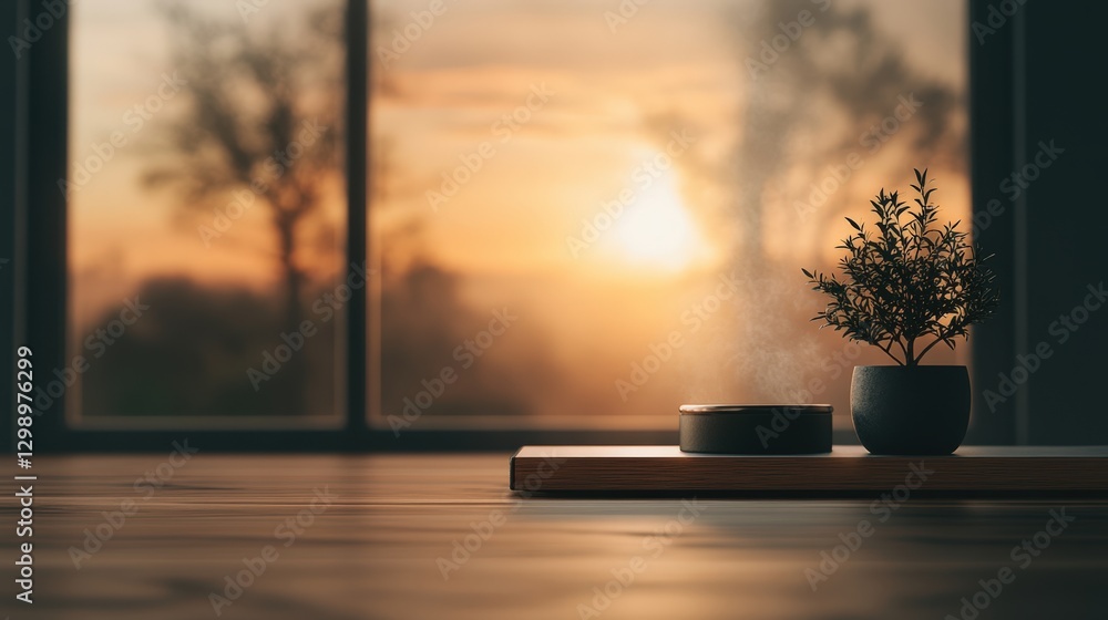 A serene indoor scene featuring a small potted plant alongside a steaming incense holder, with a warm sunset glowing in the background, Ideal for wellness, relaxation, or home decor themes, A serene indoor scene featuring a small potted plant alongside a steaming incense holder, with a warm sunset glowing in the background, Ideal for wellness, relaxation, or home decor themes,