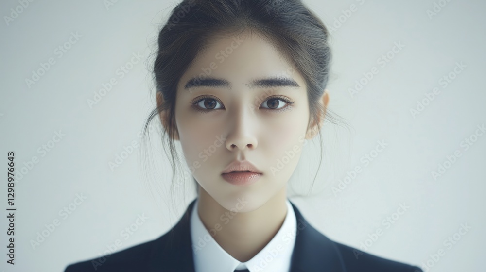 A young woman with a neutral expression, wearing a black suit against a light background. A young woman with a neutral expression, wearing a black suit against a light background.