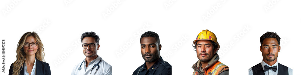 Fototapeta premium Diverse professionals including businesswoman, doctor, firefighter set isolated on transparent background