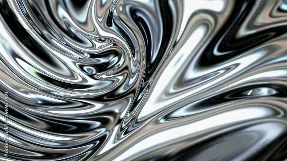 Abstract video of smooth, flowing metallic waves in a close-up angle, showcasing a futuristic and fluid design with reflective surfaces.