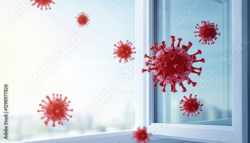 Floating red virus particles near an open window, symbolizing airborne infections, disease transmission, and indoor air quality concerns