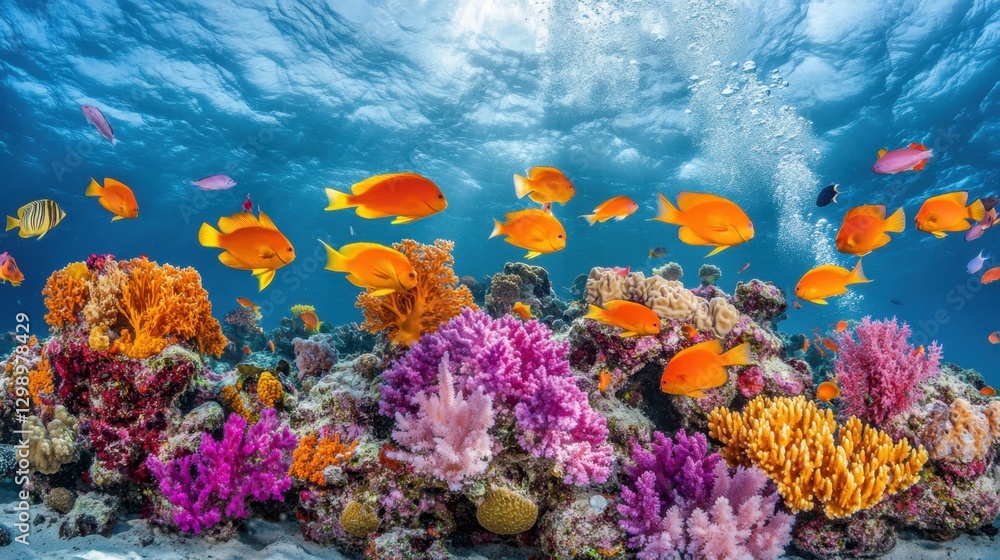 Obraz premium Vibrant underwater scene showcasing a variety of colorful coral reefs and tropical fish swimming