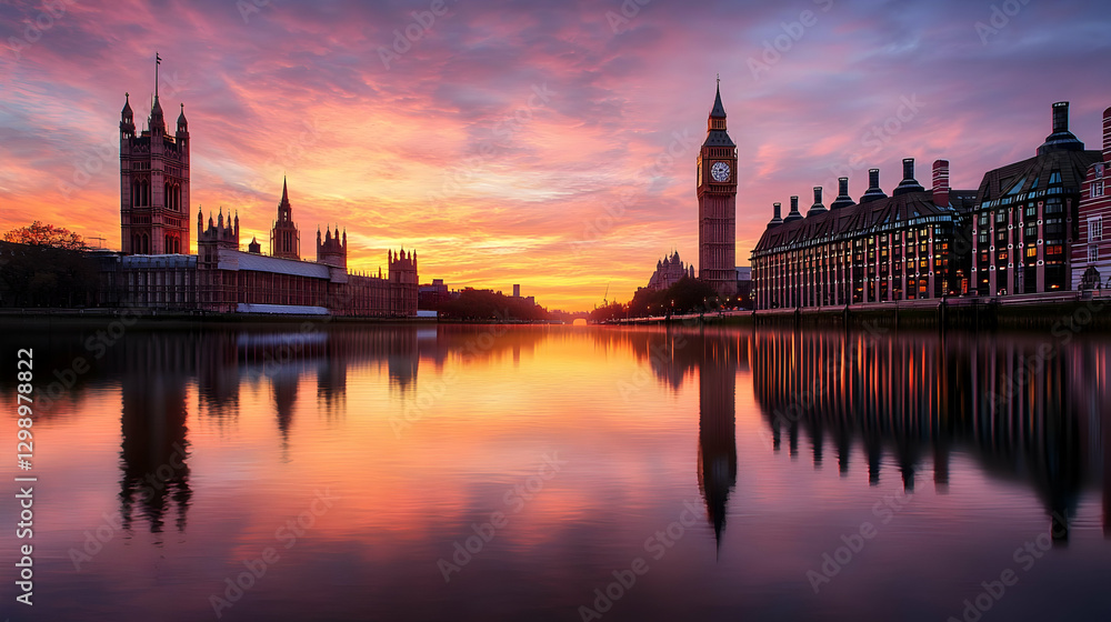 Fototapeta premium Panoramic View Of Westminster Palace And Big Ben With River Thames And Dramatic Sunset Sky