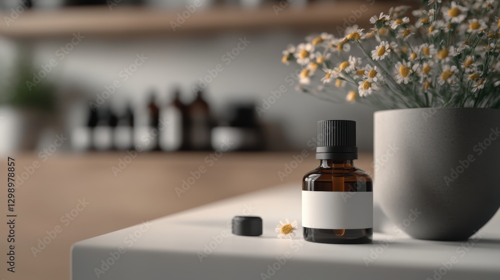 A close-up of a small brown glass bottle with a blank label beside a flower pot filled with daisies, set against a minimalist backdrop, Ideal for wellness, aromatherapy, or beauty product marketing, A close-up of a small brown glass bottle with a blank label beside a flower pot filled with daisies, set against a minimalist backdrop, Ideal for wellness, aromatherapy, or beauty product marketing,
