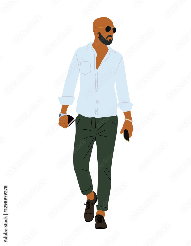 Bald bearded man in smart casual outfit, pants, white shirt, sunglasses walking full length. Handsome male cartoon character vector realistic illustration isolated Bald bearded man in smart casual outfit, pants, white shirt, sunglasses walking full length. Handsome male cartoon character vector realistic illustration isolated