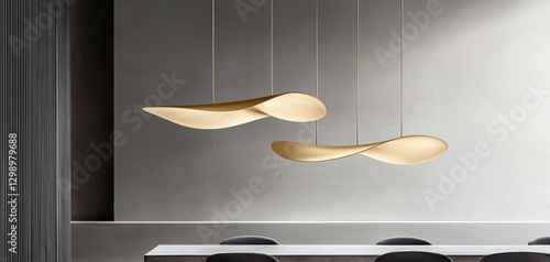 Golden pendant lights shaped like delicate lotus petals, softly illuminating a minimalist dining area