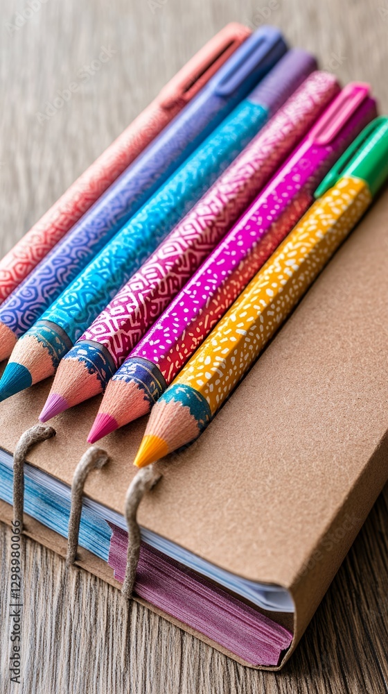 Fototapeta premium Colorful Patterned Pencils on Kraft Notebook