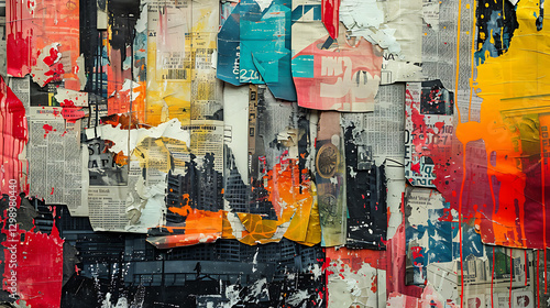  Grunge-Style Abstract Collage with Torn Newspaper and Paint Splashes