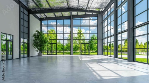 Bright Modern Open Space with Large Windows Overlooking Green Outdoor Landscape and Nature in Daylight for Creative and Professional Use