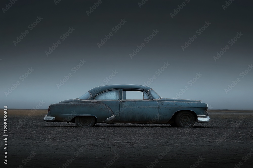 Fototapeta premium An aged classic automobile appears stationary on the desolate landscape